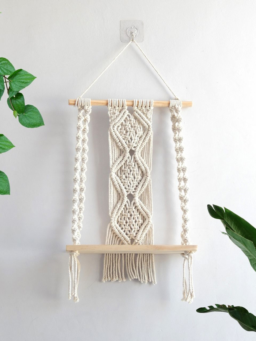 ecofynd Off White Wooden Cotton Macrame Wall Hanging Shelf