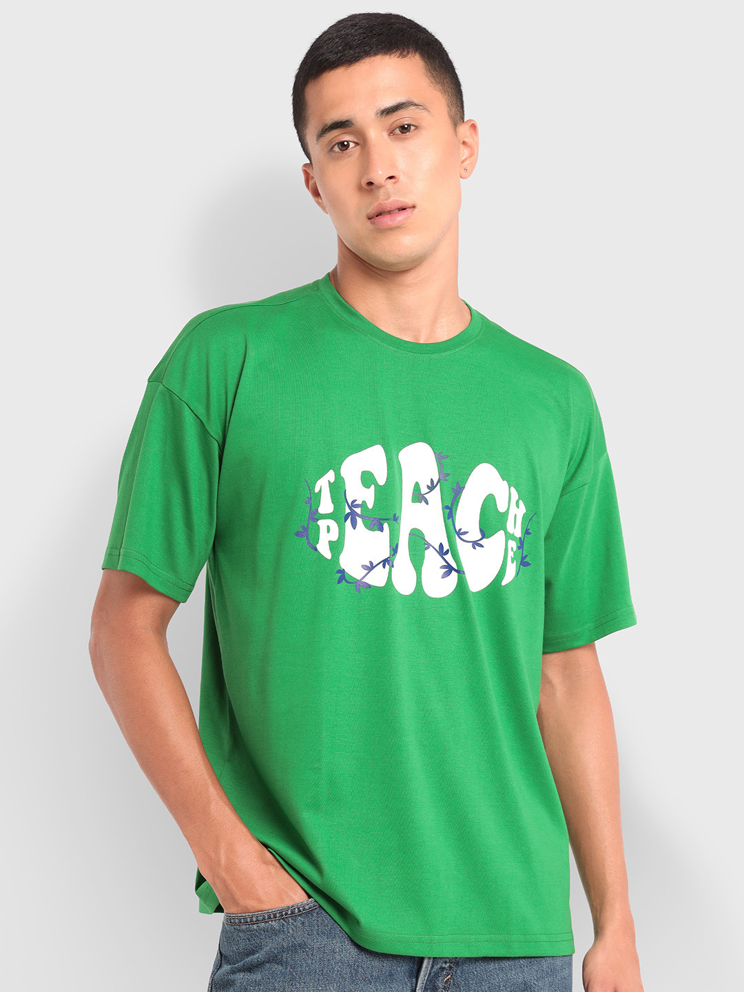 Beyoung Men Green Drop-Shoulder Sleeves T-shirt