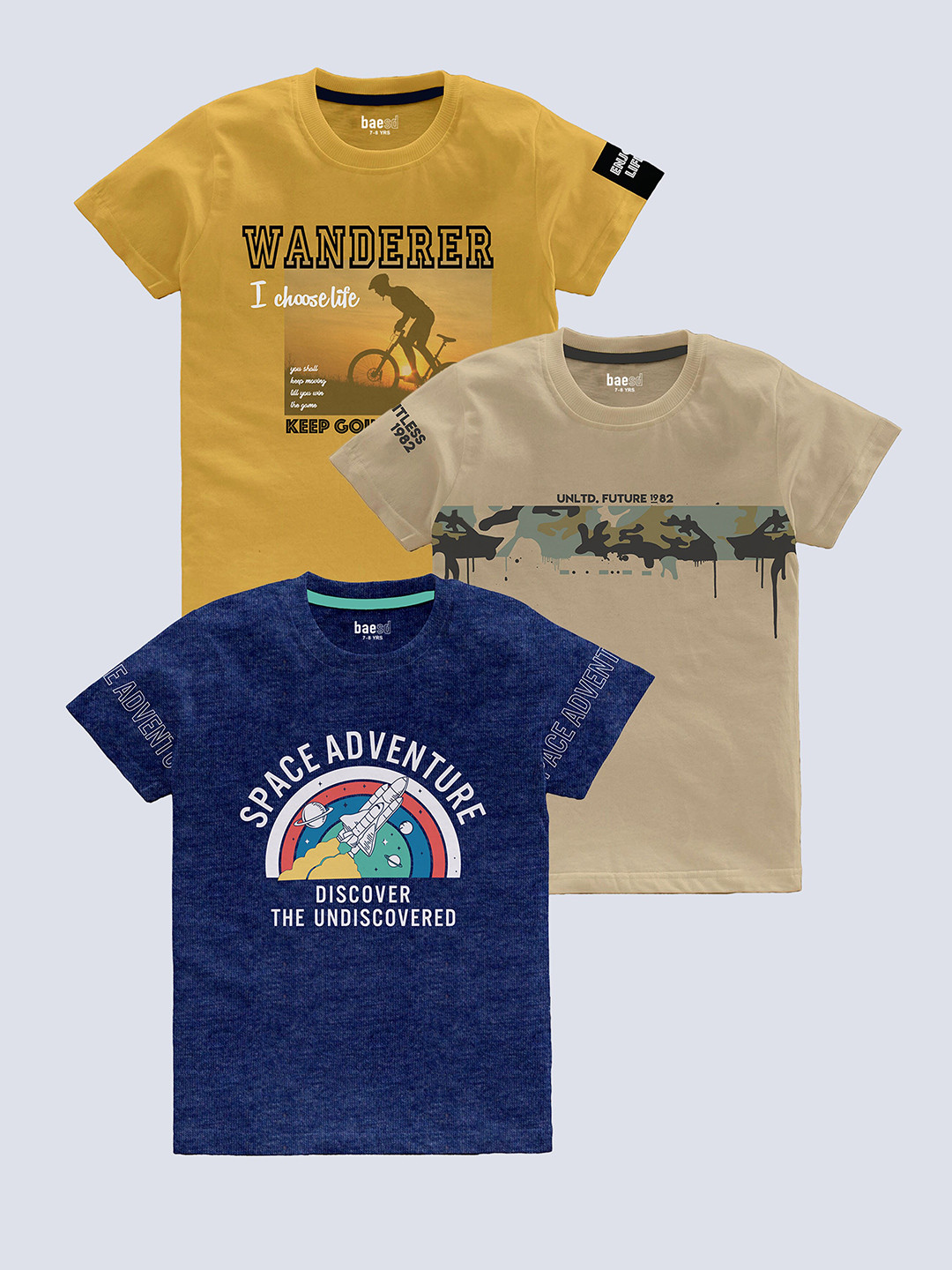 BAESD Boys Pack Of 3 Biker 3 Printed Pure Cotton T-shirt