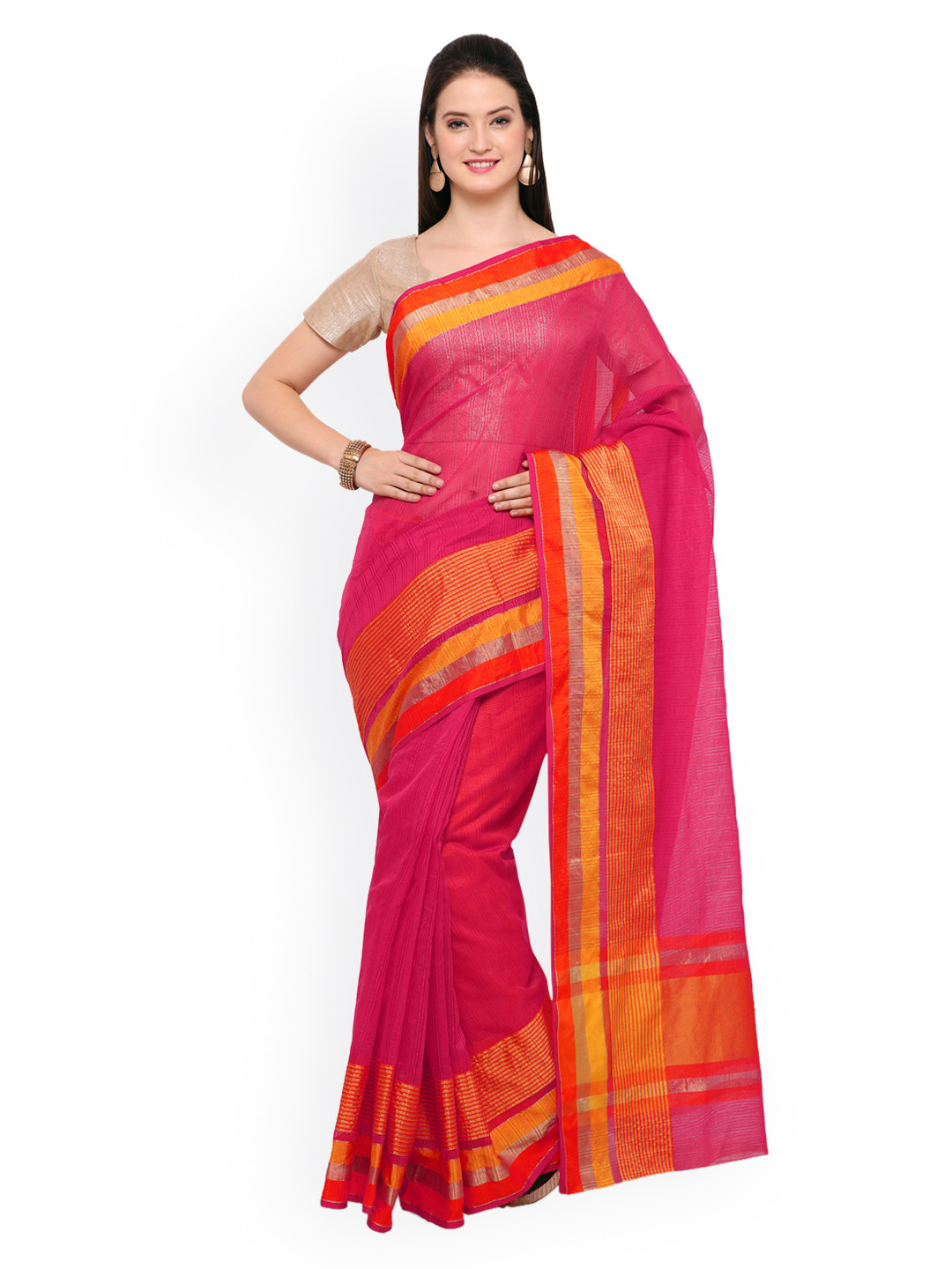 Saree mall Pink & Orange Silk Blend Striped Saree