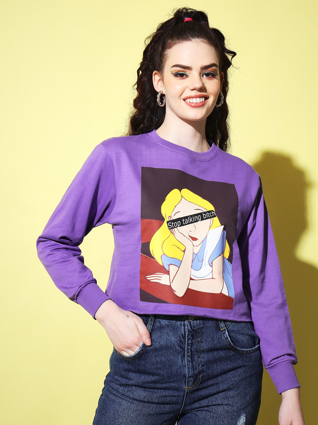 Purple Graphic Printed Crop Sweatshirt