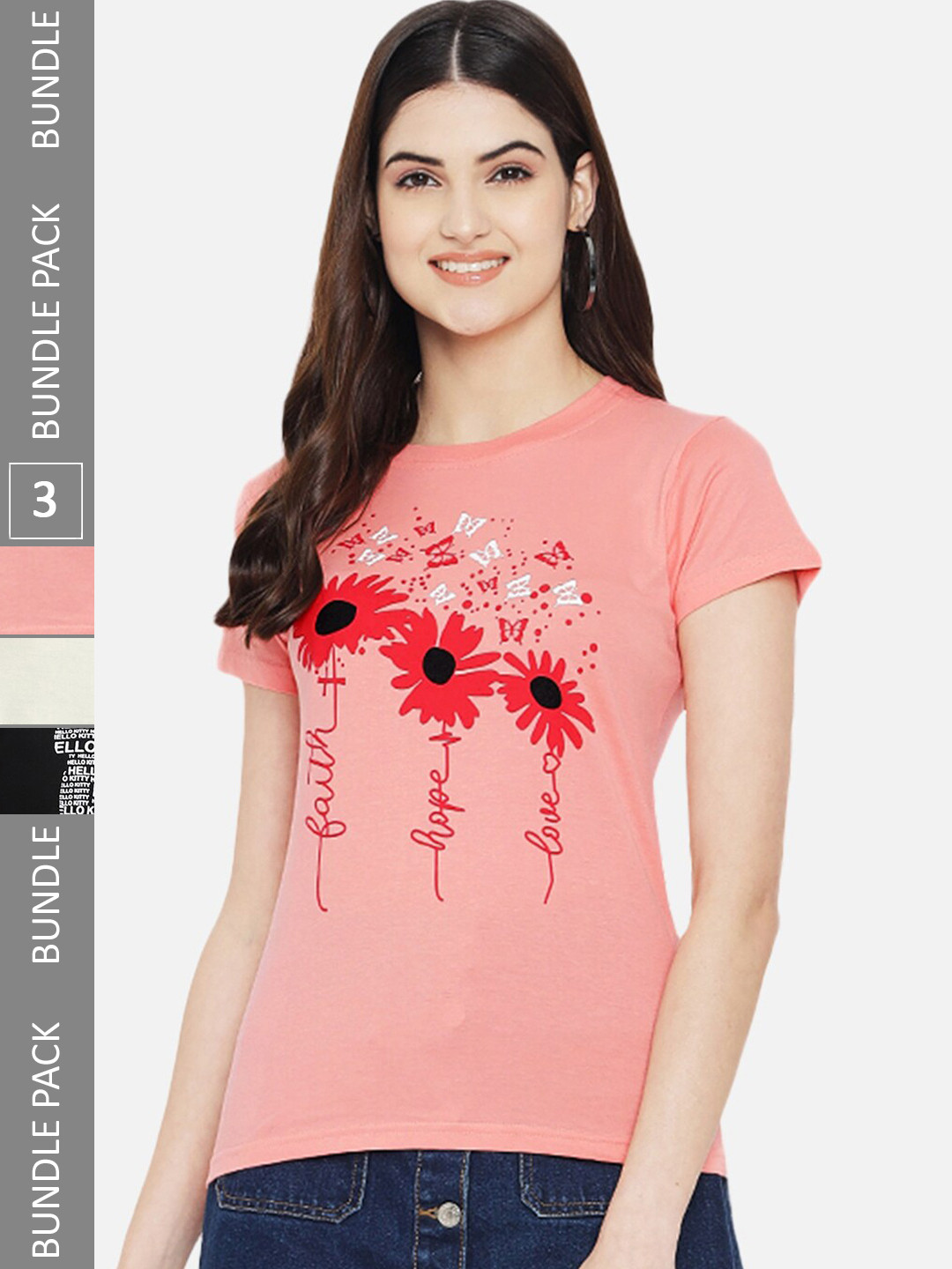 Fabflee Pack O f 3 Typography Printed Round Neck Short Sleeves Cotton Tshirts