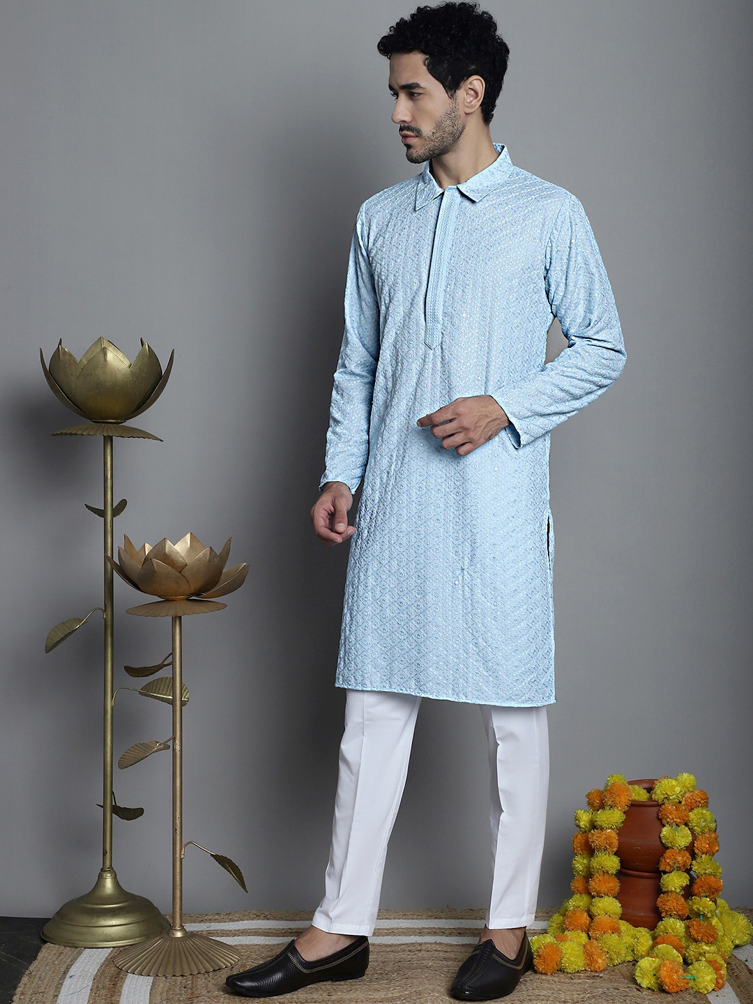 Jompers Geometric Embroidered Shirt Collar Chikankari & Sequinned Kurta with Pyjamas