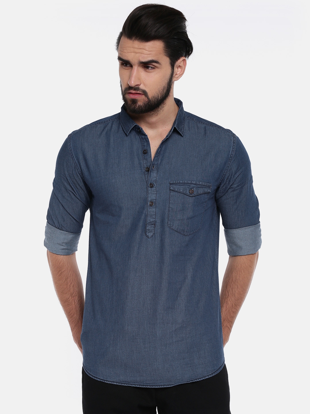 Nature Casuals Men Blue Solid Denim Straight Short Kurta