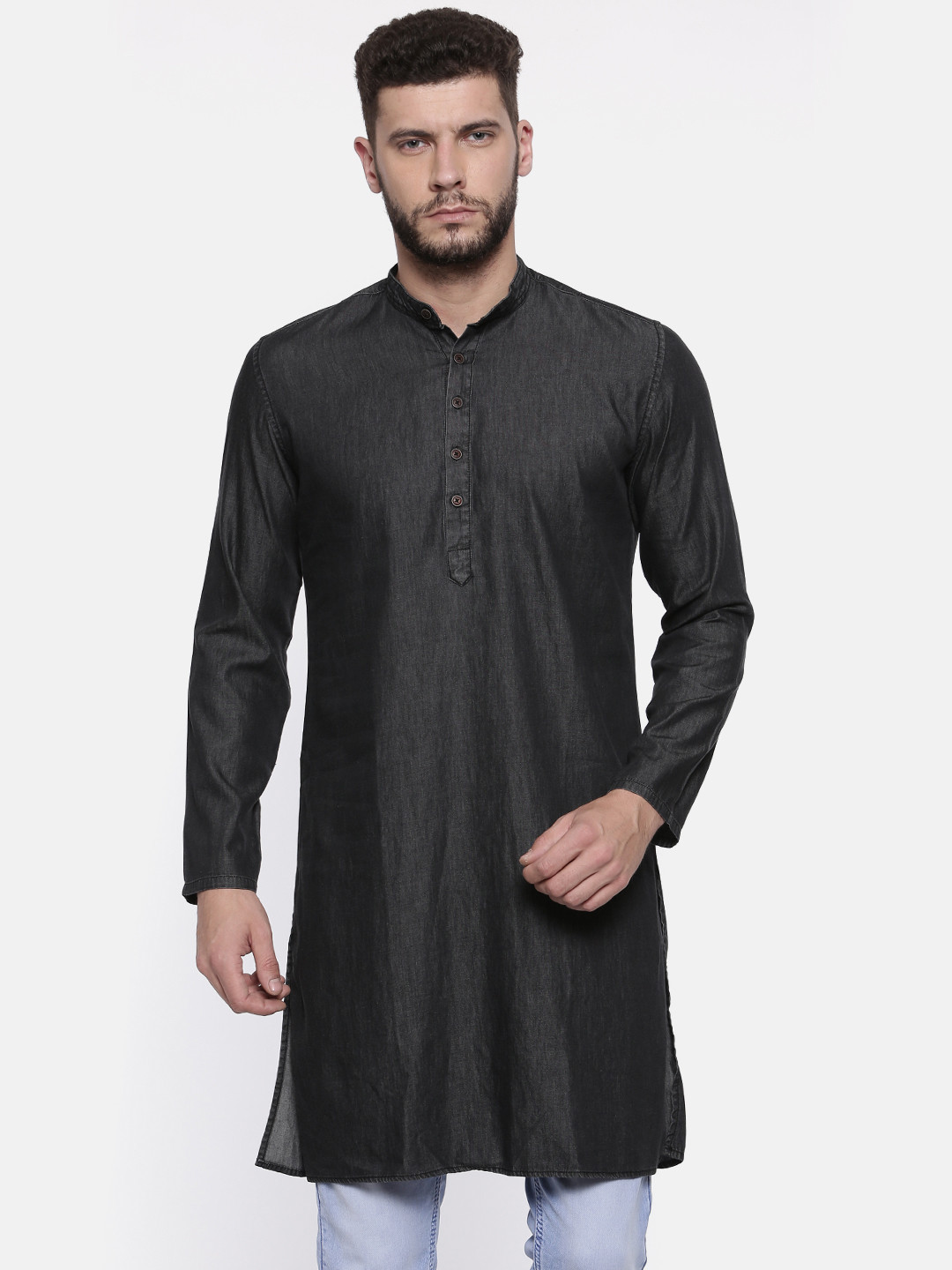 Nature Casuals Men Black Solid Straight Kurta