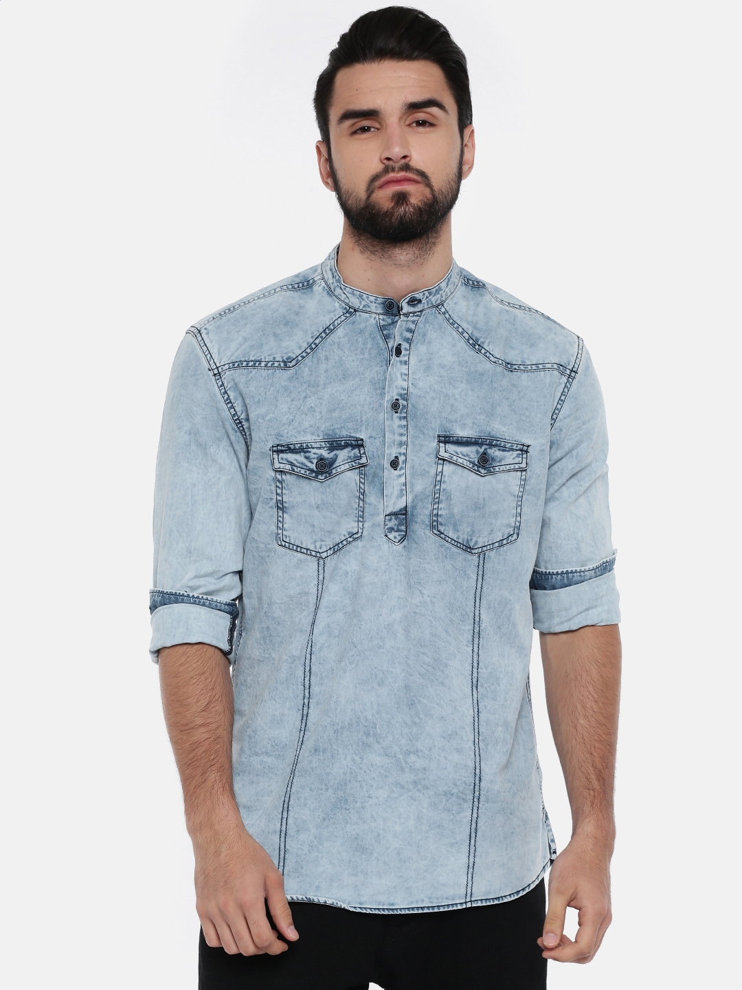 Buy Nature Casuals Men Blue Solid Slim Fit Denim Faded Short Kurta
