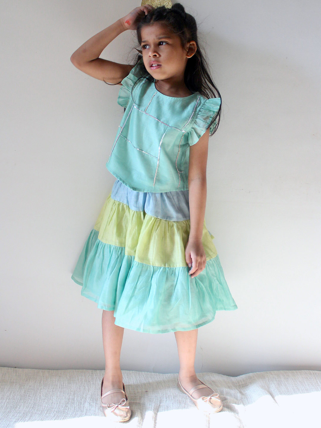 charkhee Girls Flutter Sleeve Sequined Ready to Wear Lehenga & Choli