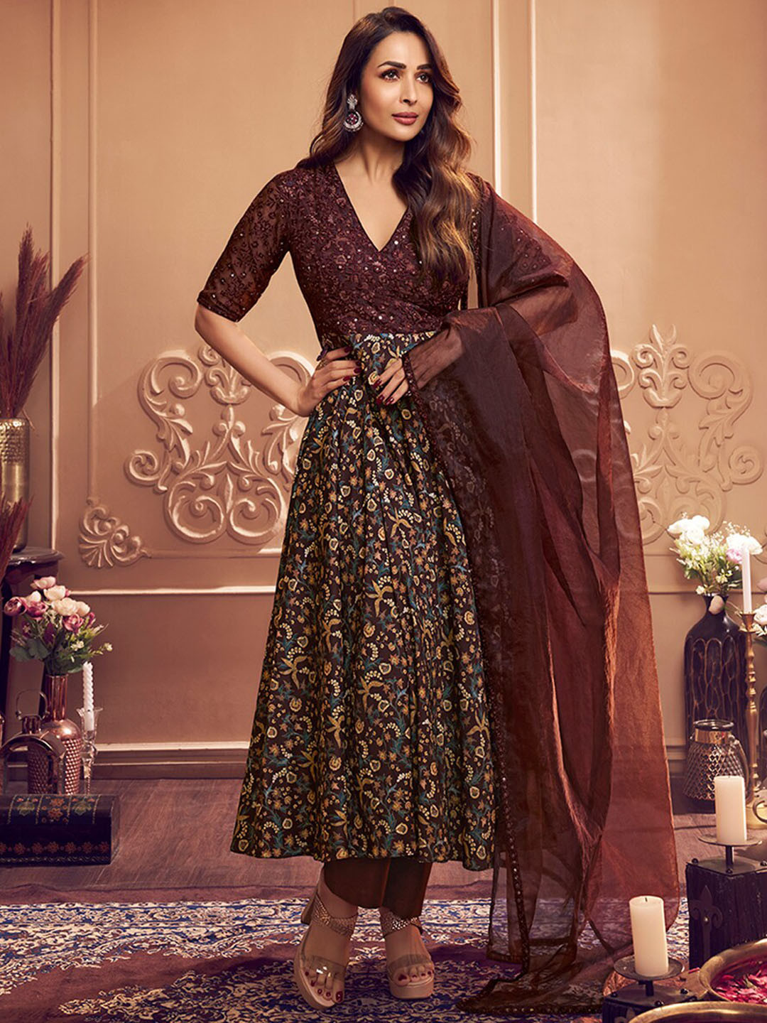 Inddus Floral Printed V-Neck Thread and Sequins Embroidered A-Line Kurta Set With Dupatta