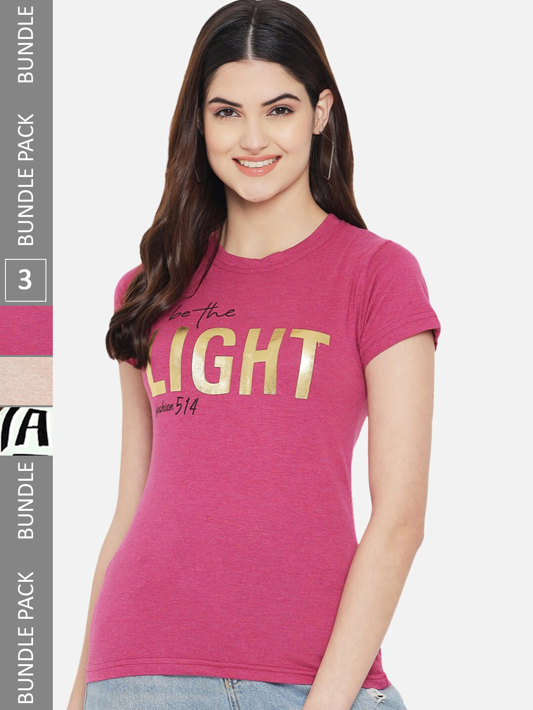 Fabflee Pack O f 3 Typography Printed Round Neck Short Sleeves Cotton Tshirts