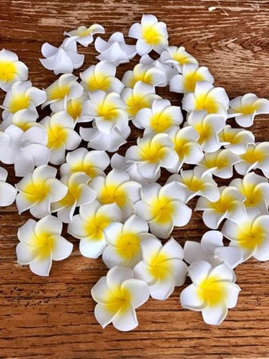 TIED RIBBONS White Yellow Set of 30 Hawaii Plumeria Artificial Floating Flowers