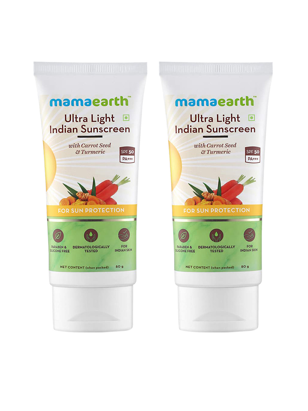 Mamaearth Set of 2 Ultra-Light SPF 50 Indian Sunscreen with Carrot & Turmeric - 80 g each