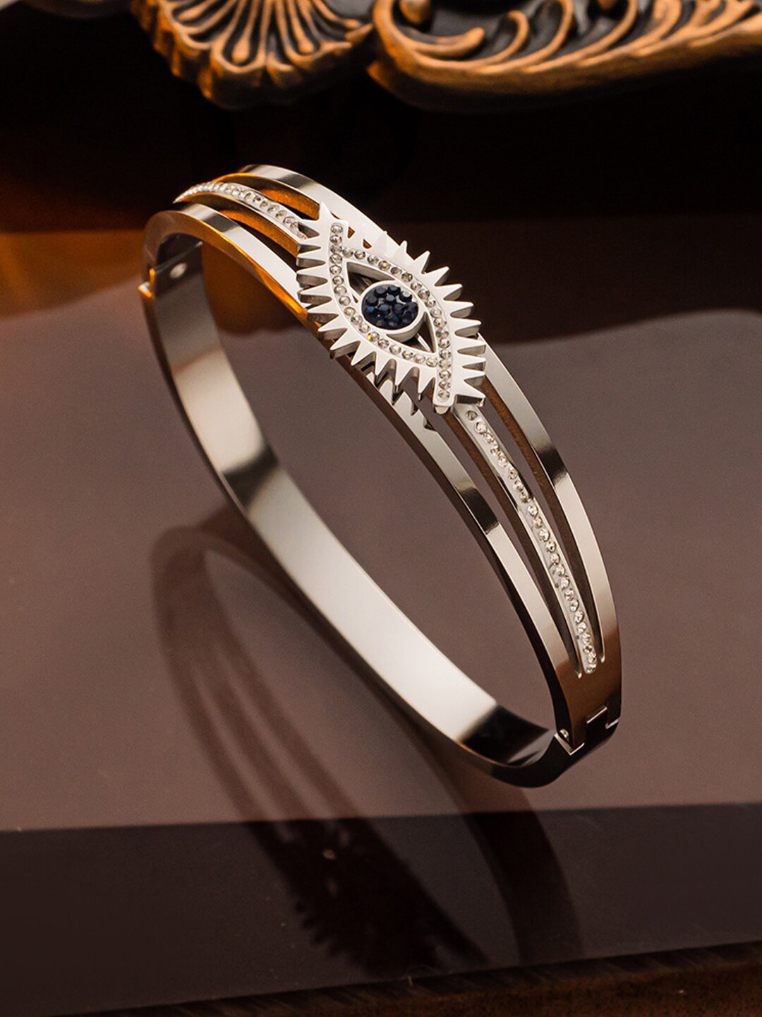 Jewels Galaxy Stainless Steel Silver Plated American Diamond Studded Evil Eye Bracelet