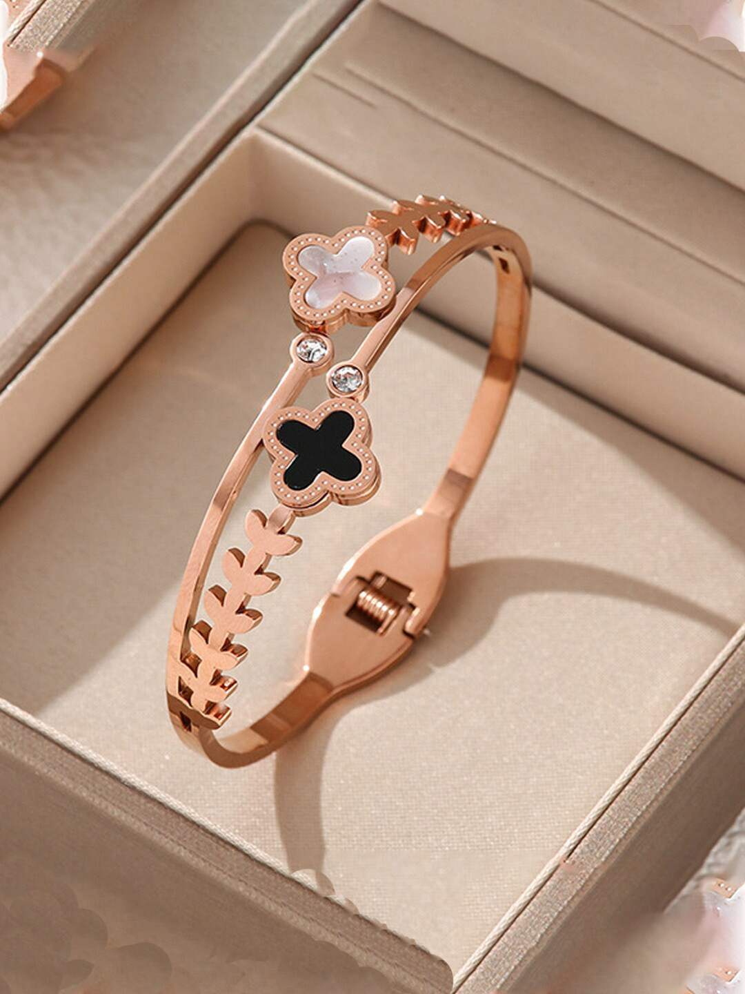 Jewels Galaxy Rose Gold Plated Mother Of Pearls Two Clover Leaf Irish Design Bracelet