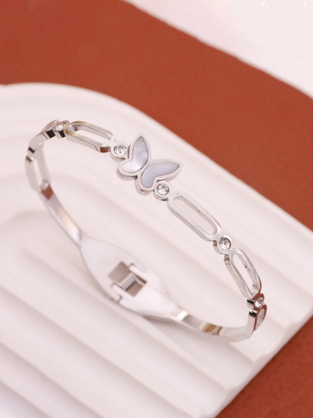 Jewels Galaxy Mother of Pearl Silver-Plated Cuff Bracelet