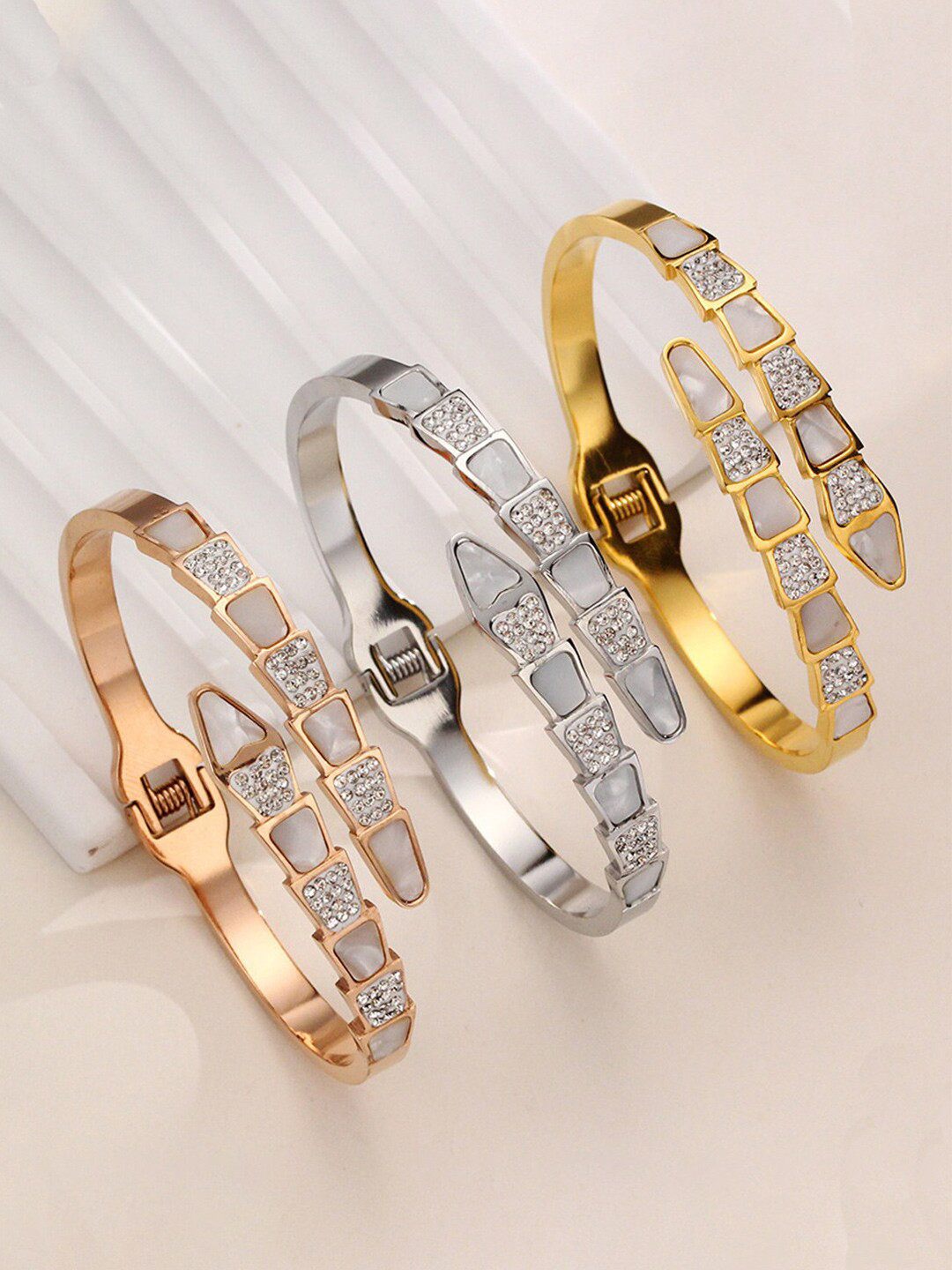 Designs & You Set of 3 Mother of Pearl  And AD Studded Cuff Bracelet