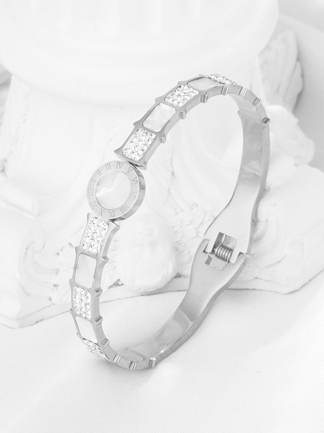 Designs & You Silver-Plated Roman Numerals American Diamond-Studded Bangle-Style Bracelet