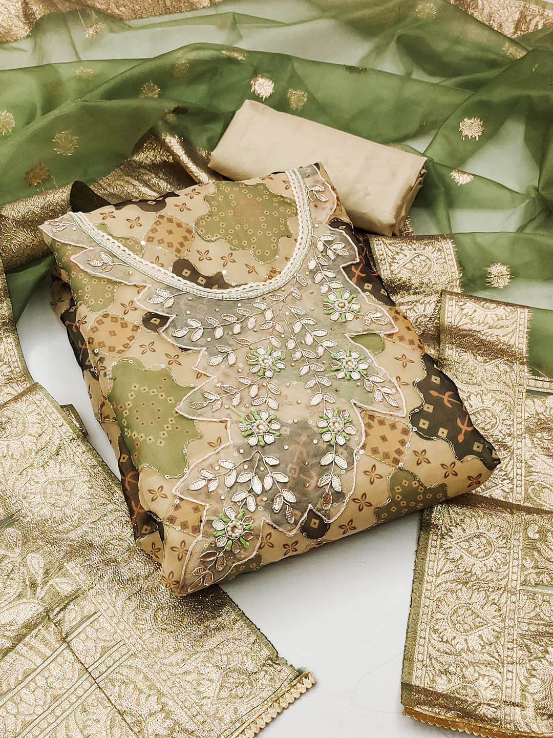 KALINI Ethnic Motif Printed Beads and Stones Unstitched Dress Material