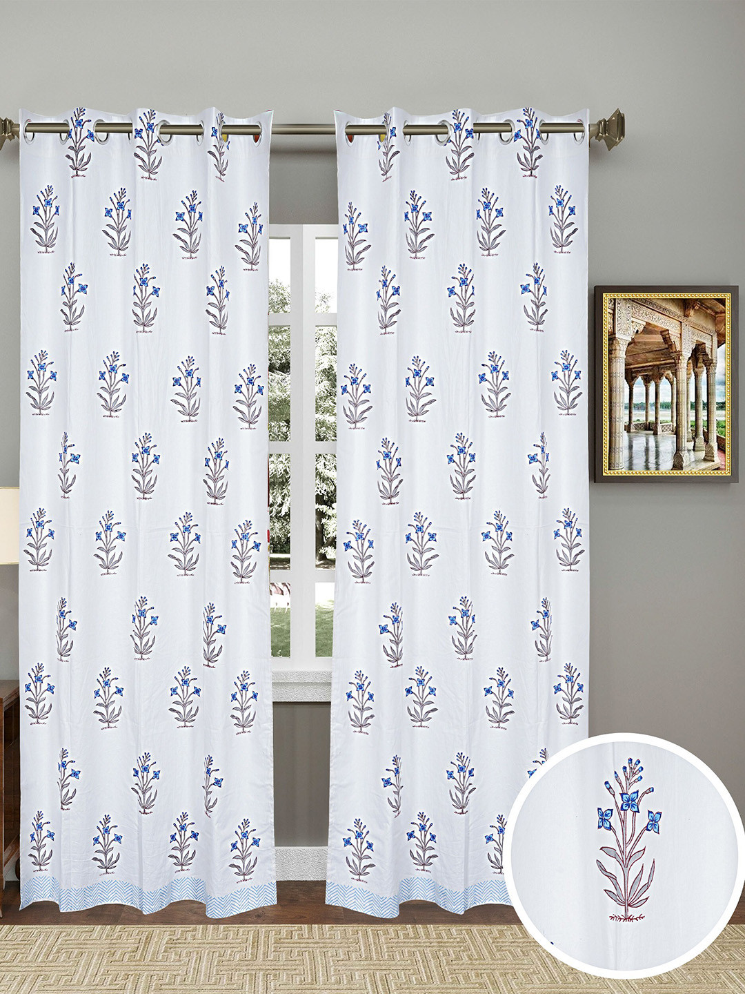 LIVING ROOTS White & Blue 2 Pieces Floral Block Printed Elegant Cotton Door Curtains