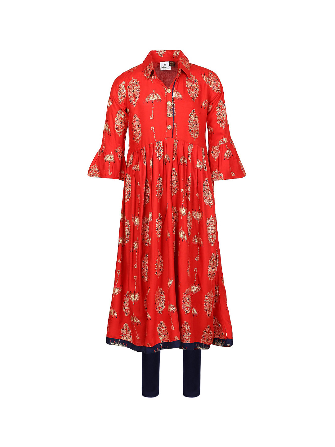 BAESD Girls Ethnic Motifs Printed Shirt Collar Pure Cotton A-Line Kurta With Leggings