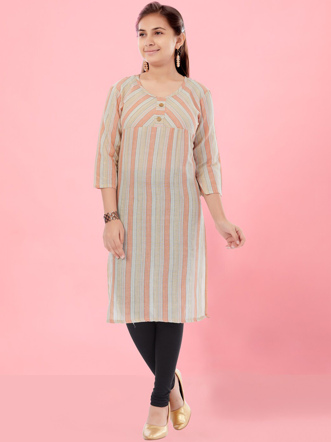BAESD Girls Striped Round Neck Pastel Cotton Straight Kurta