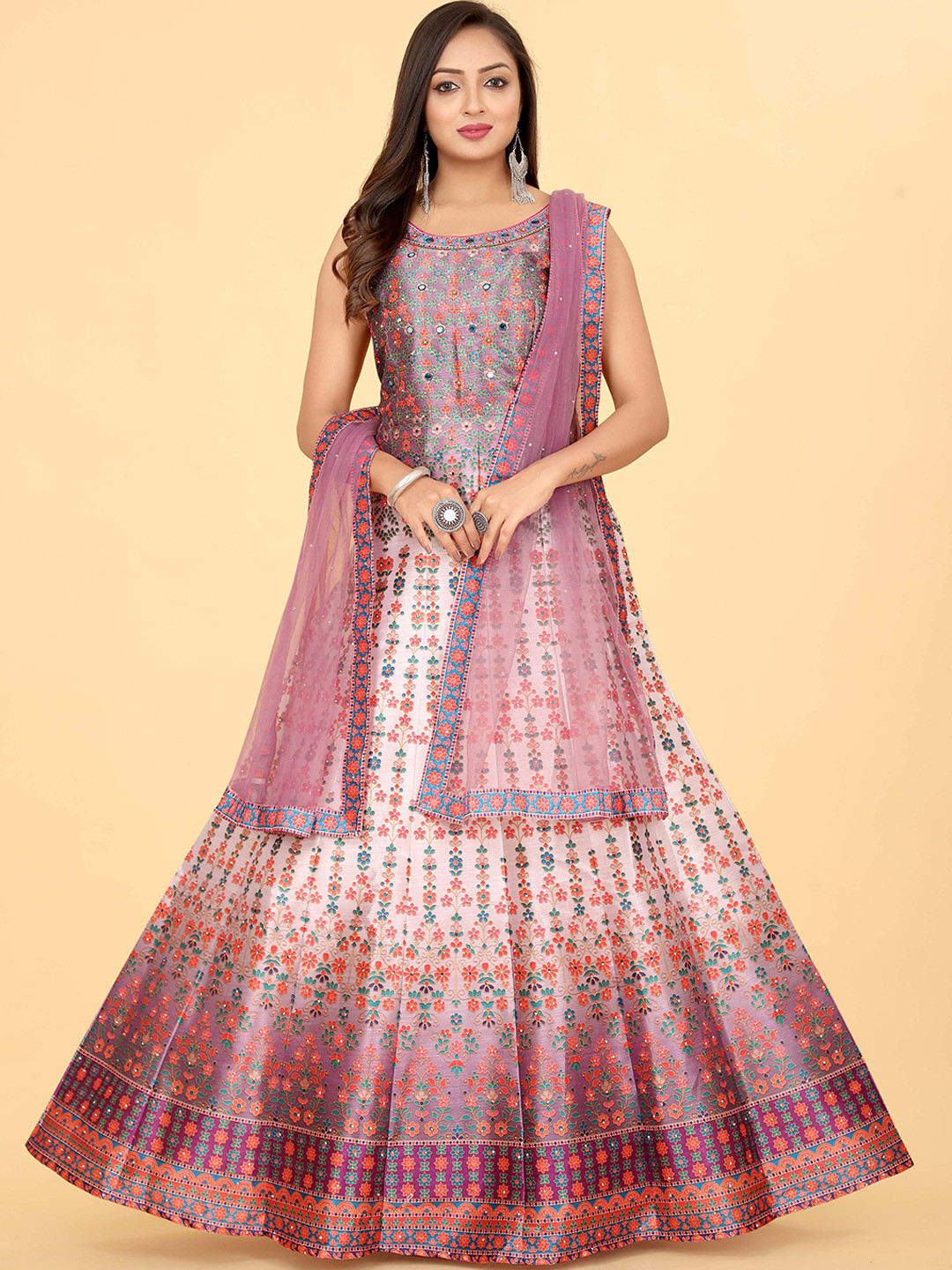 EthnicTree Self Design Silk Maxi Fit & Flare Ethnic Dress With Dupatta