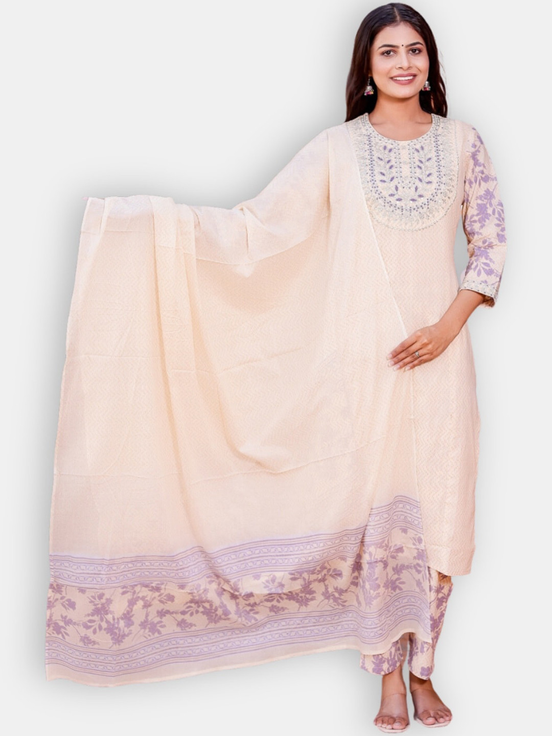 VEDANA Floral Yoke Design Thread Work Pure Cotton Kurta & Trousers With Dupatta