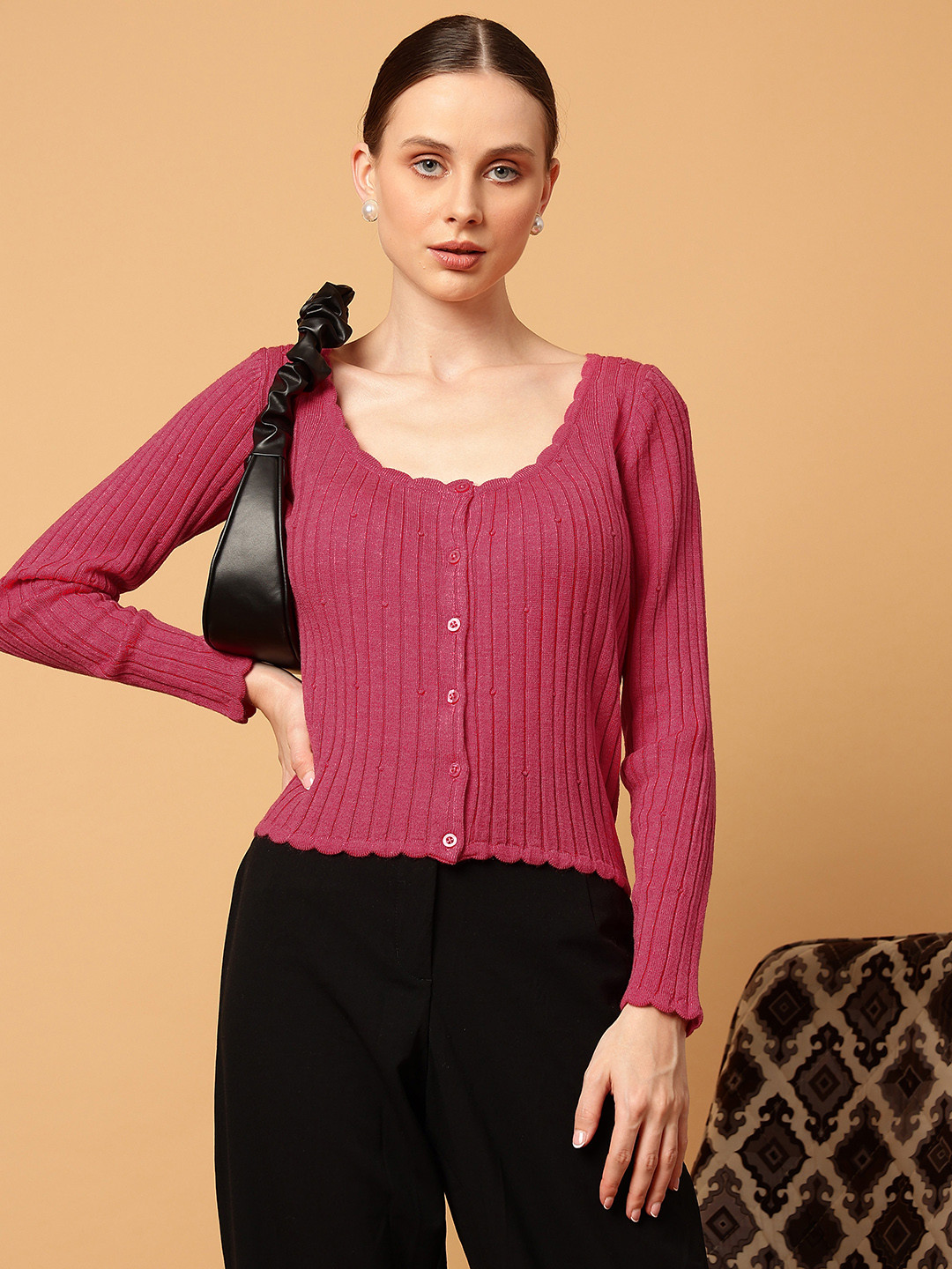 MINT STREET Self Design Scoop Neck Acrylic Cardigan Sweater