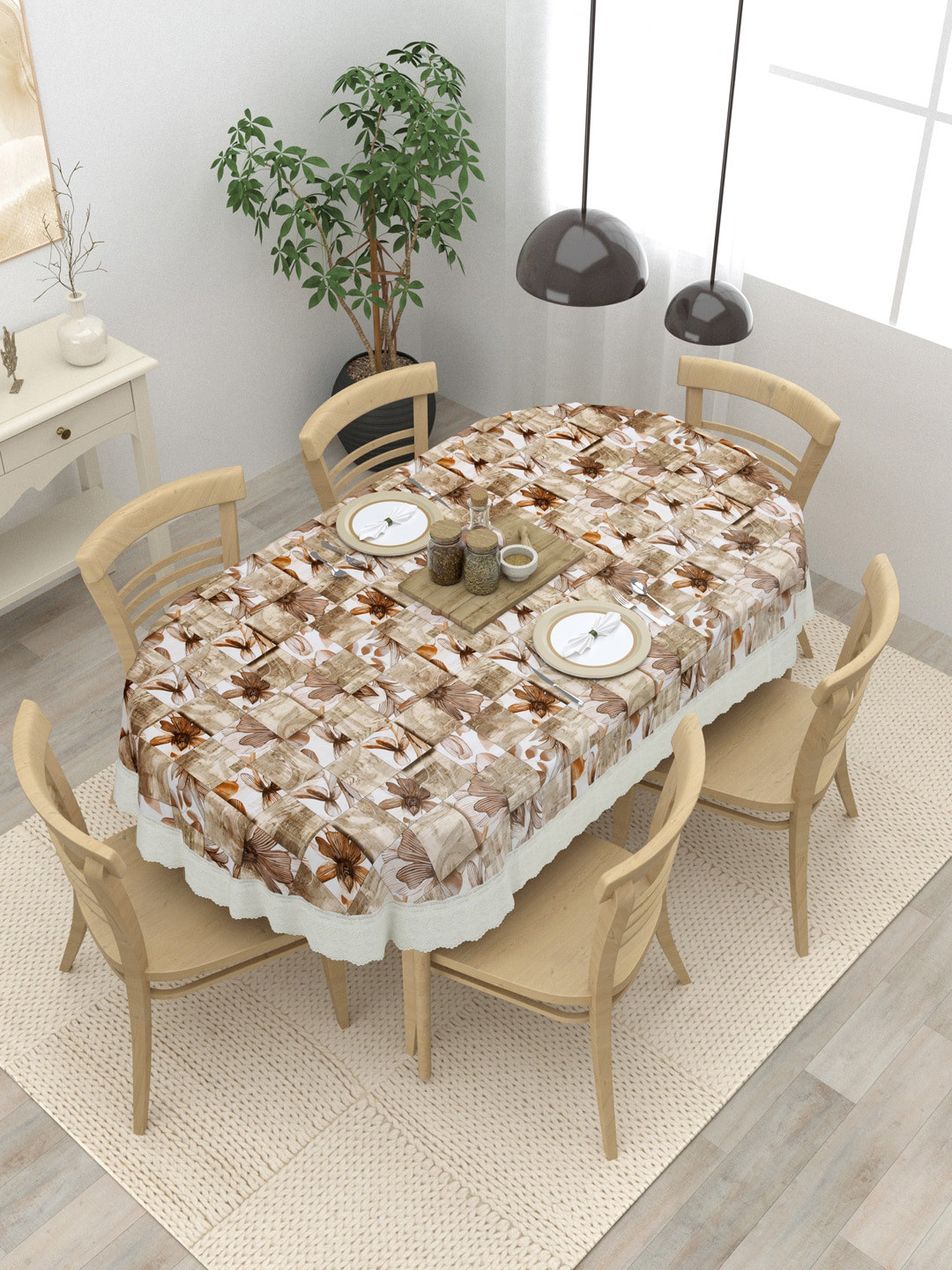 Clasiko Brown Printed PVC 6 Seater Anti-Slip Table Covers