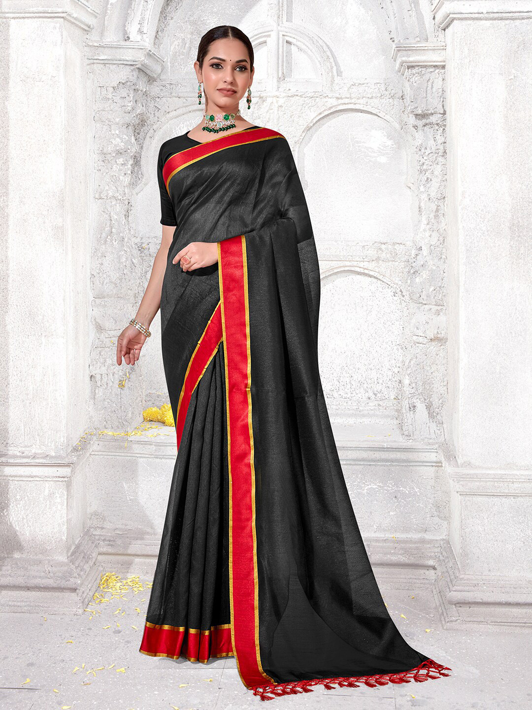 Anouk Rustic Black & Red Zari Art Silk Khadi Saree