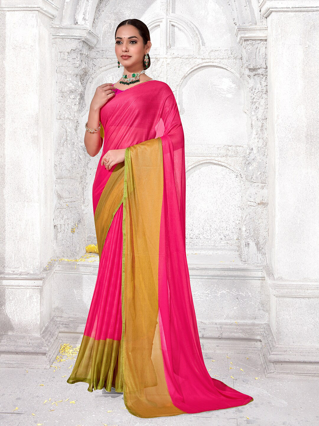 Anouk Rustic Pink & Yellow Pure Chiffon Saree