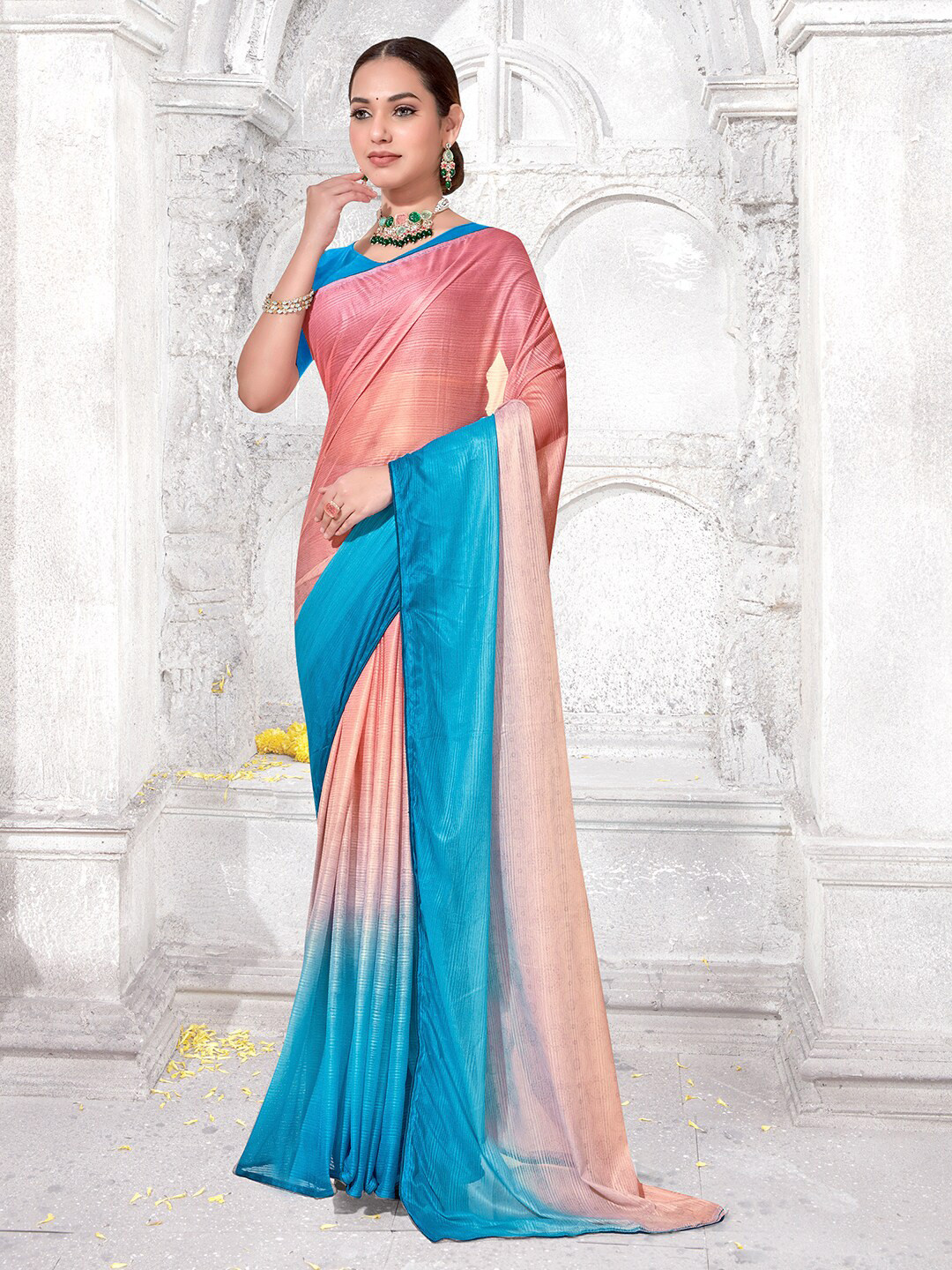 Anouk Rustic  Pink & Blue Ombre Poly Chiffon Saree