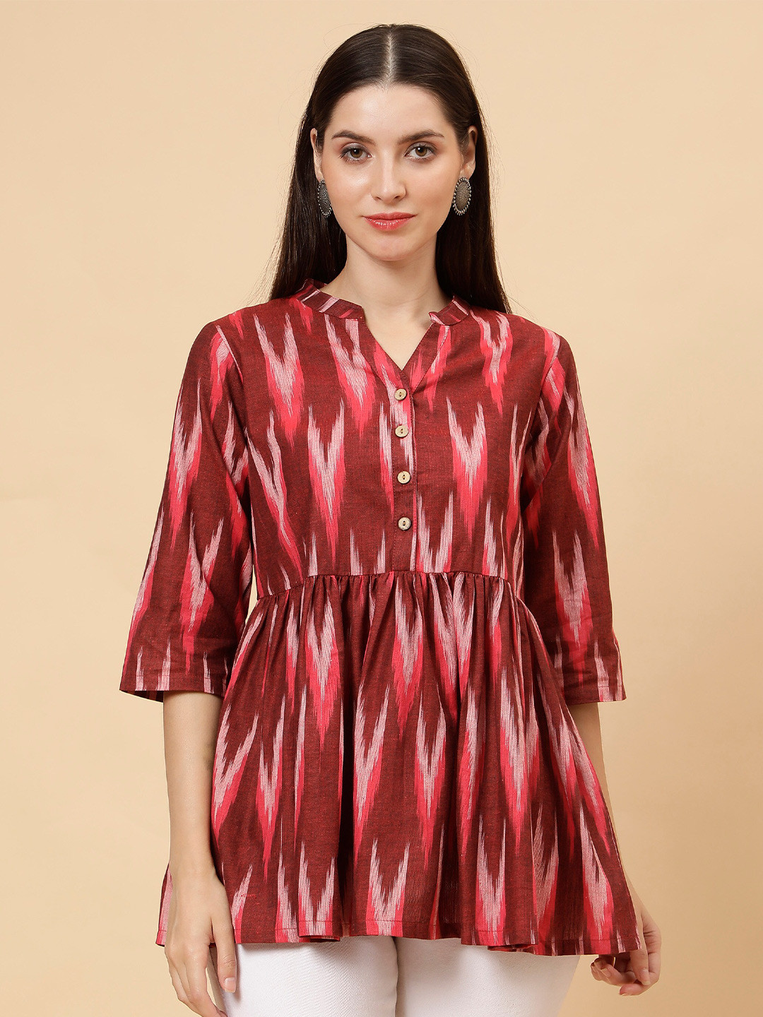 Cot'N Soft Maroon Printed V-Neck Thread Work Pure Cotton Handloom Thread Work Kurti