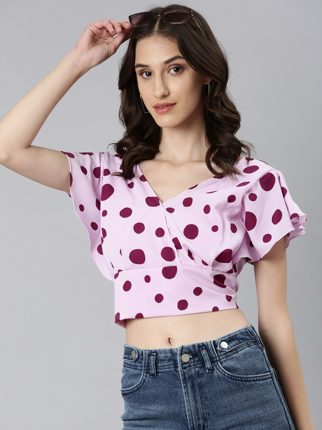 SHOWOFF Polka Dots Printed Styled Back Crop Top