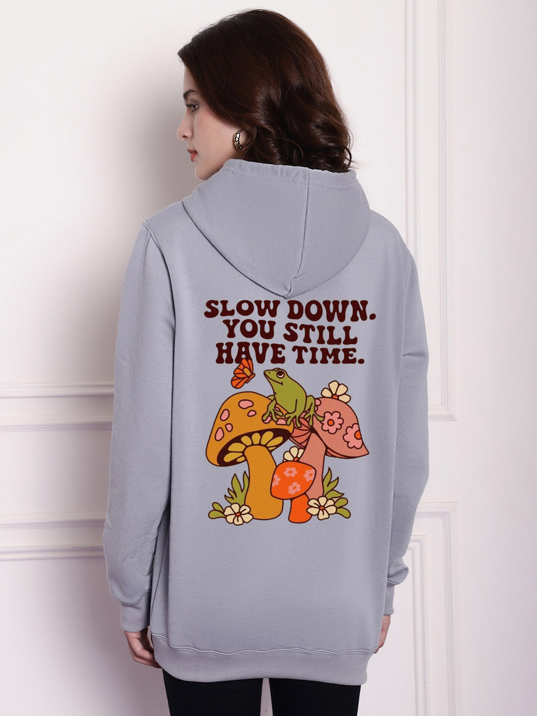 Imsa Moda Typography Printed Hooded Oversized Fit Pullover Fleece Sweatshirt