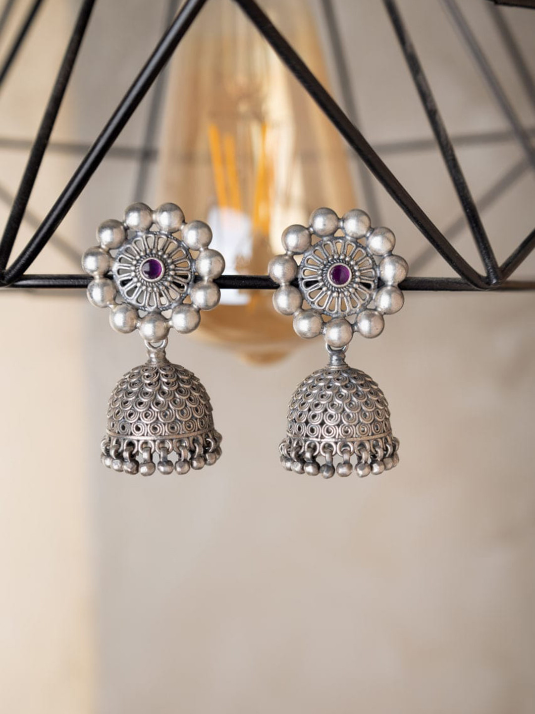Shyle 925 Sterling Silver Dome Shaped Studded Jhumkas