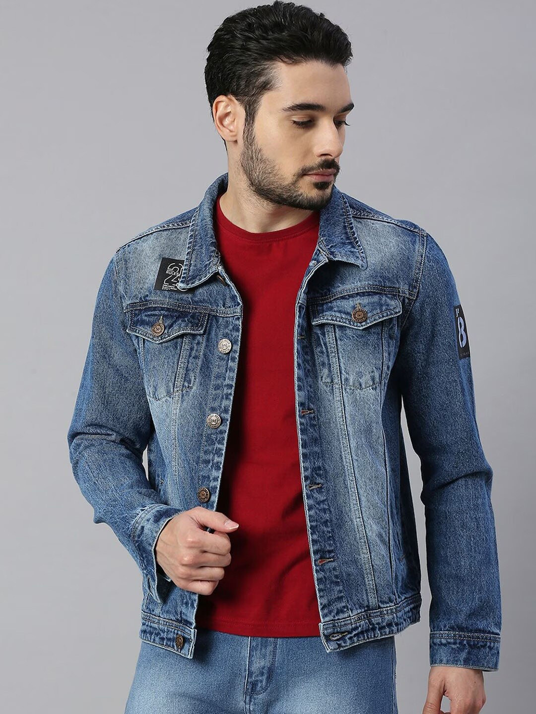 High Star Men Blue Washed Colourblocked Crop Outdoor Denim Jacket with Patchwork