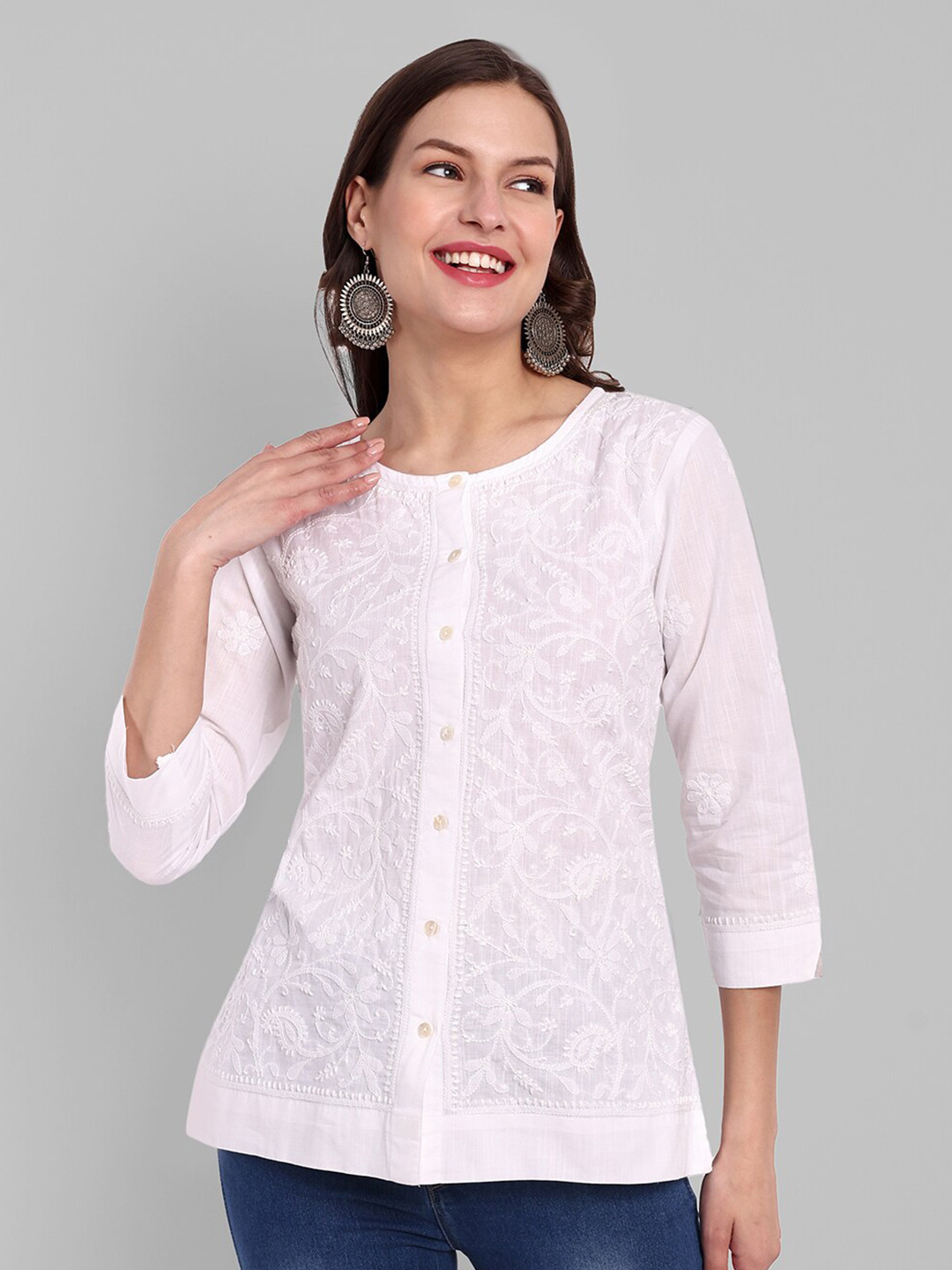 ADA Floral Embroidered Round Neck Pure Cotton Chikankari Shirt Style Top