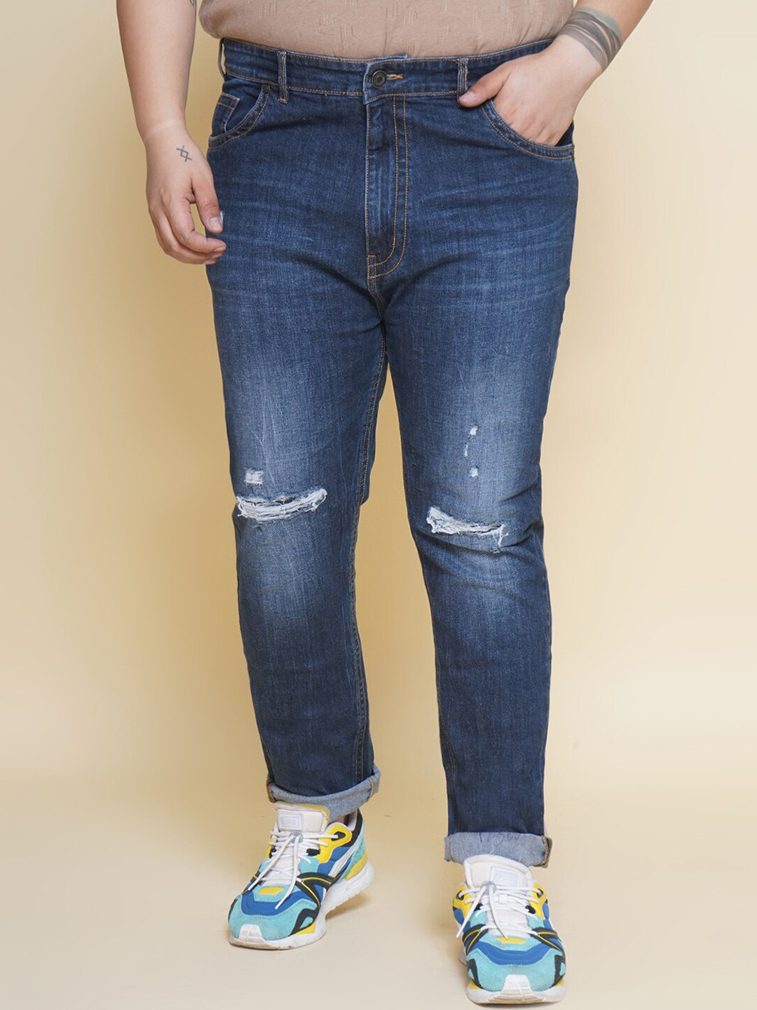 John Pride Plus Size Men Jean Mid-Rise Light Fade Slash Knee Stretchable Jeans