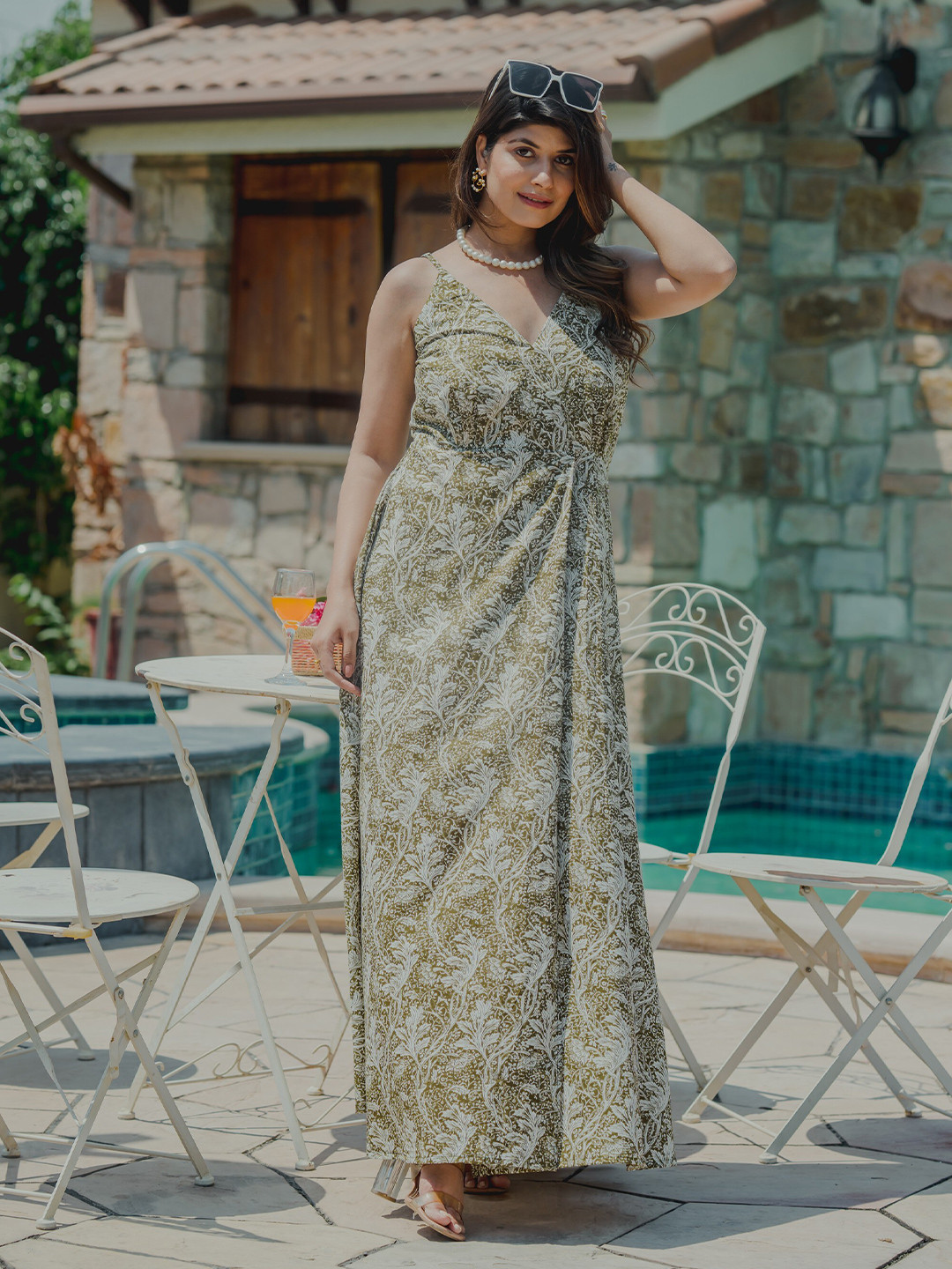 FEATHERS CLOSET Floral Printed Shoulder Strap Gathered Cotton Maxi Dress