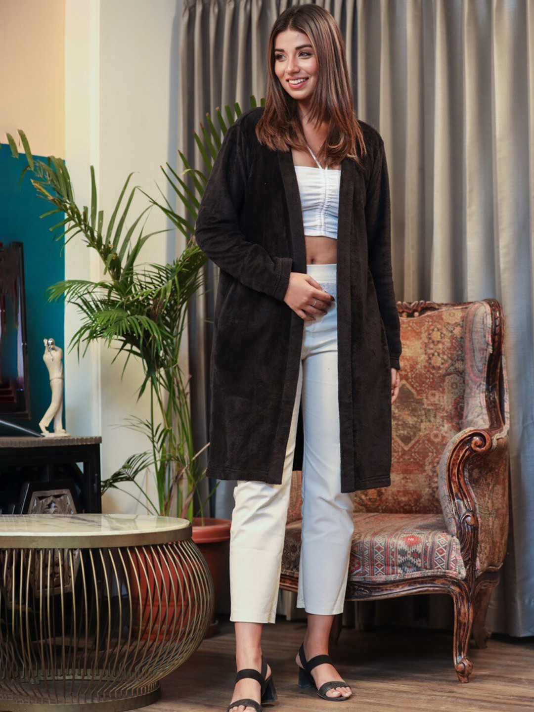 FEATHERS CLOSET Long Sleeves Woollen Open-Front Shrug