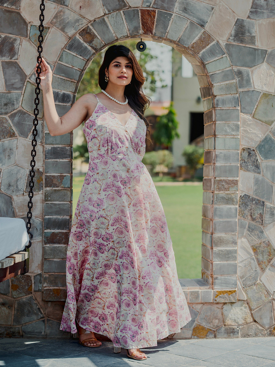 FEATHERS CLOSET Floral Printed Shoulder Strap Cotton Maxi Dress