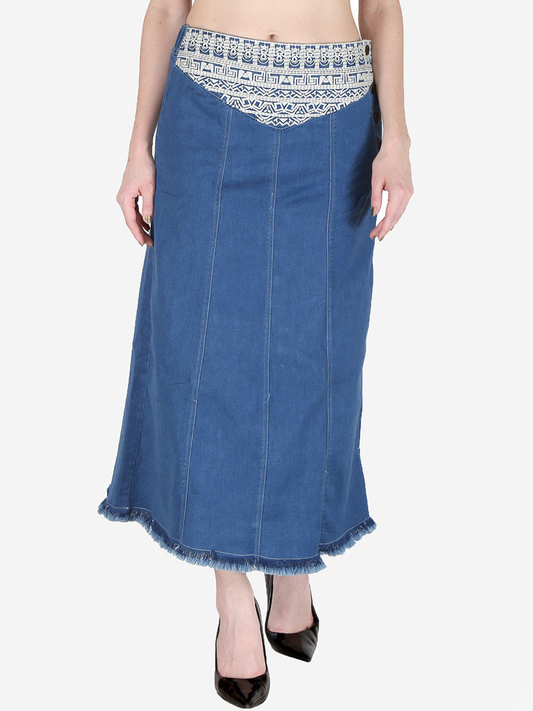 SUMAVI-FASHION Denim Front Embroidered Maxi Skirt
