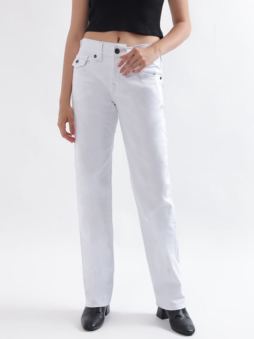True Religion Women Sn Ricki Relax Straight Fit White Low Rise Jeans