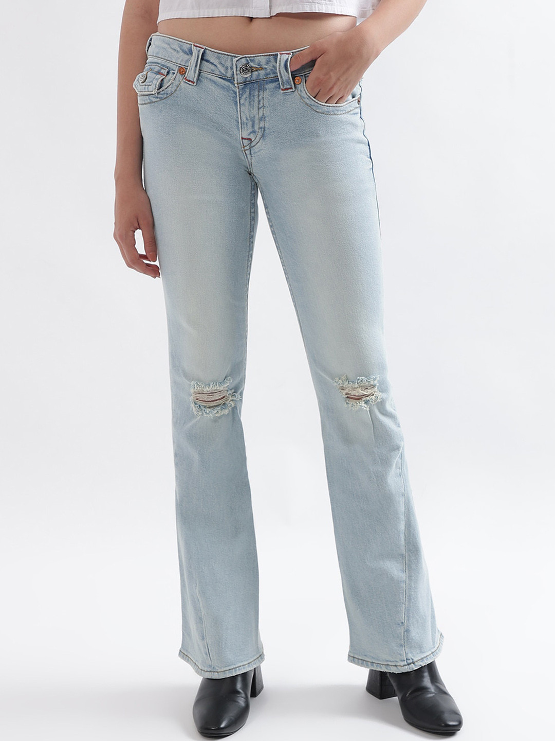 True Religion Women Bootcut Embroidery Joey  Blue Low Rise Jeans