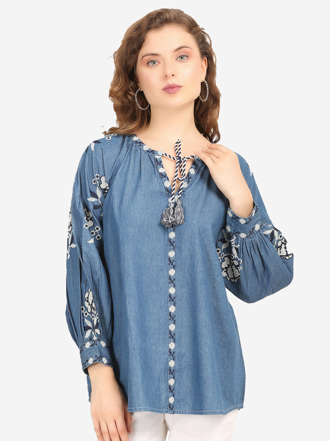 SUMAVI-FASHION Floral Embroidered Organic Cotton Denim Regular Top