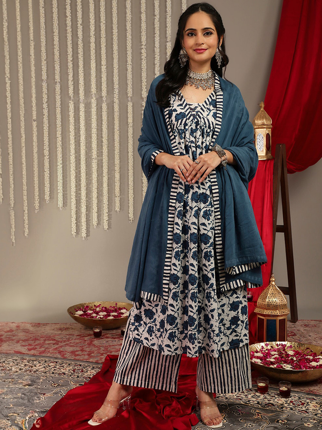 Varanga Floral Printed V-Neck Pure Cotton Empire A-Line Kurta & Palazzo With Dupatta