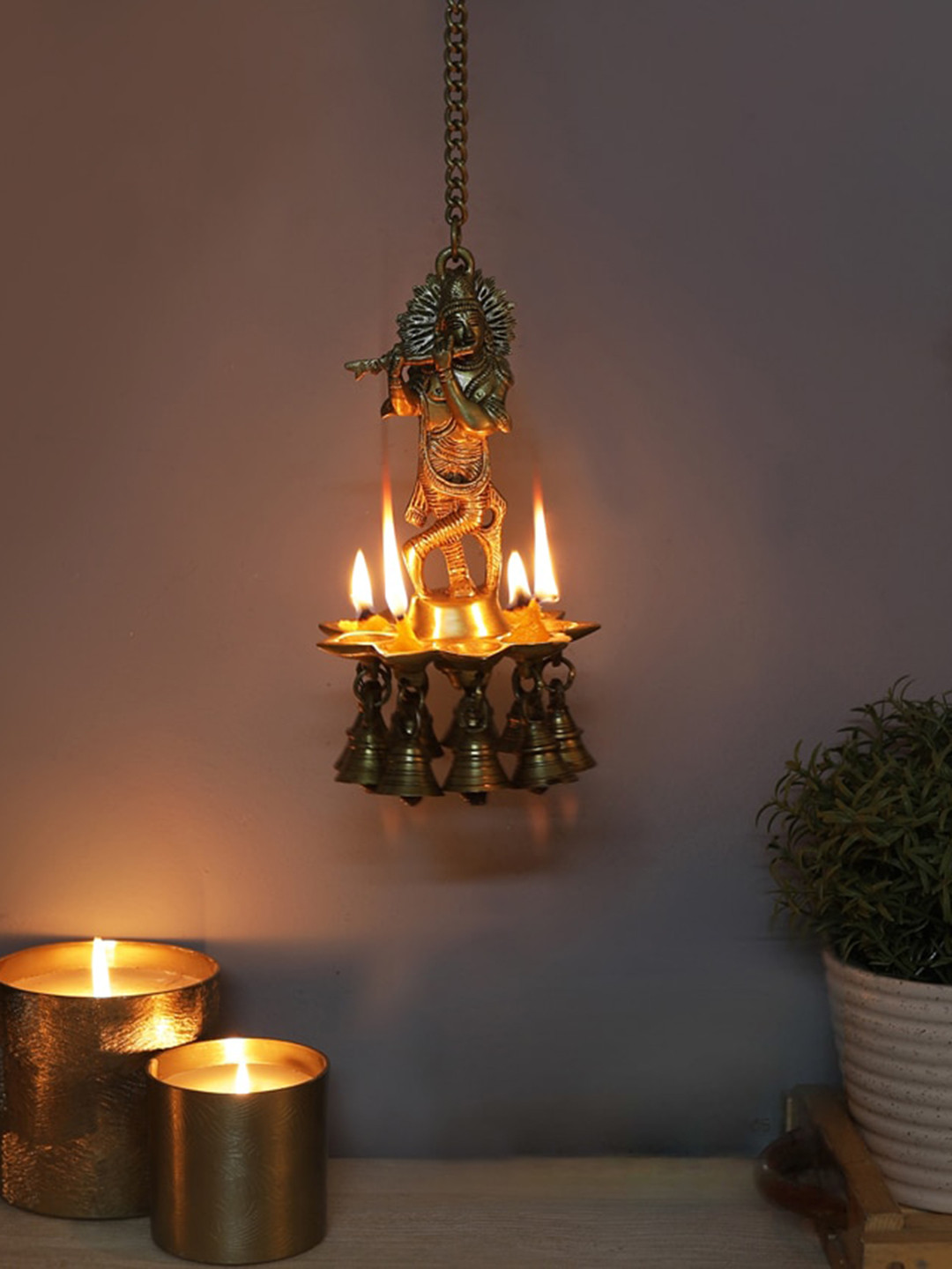 Two Moustaches Krishna Design Brass Hanging Diya