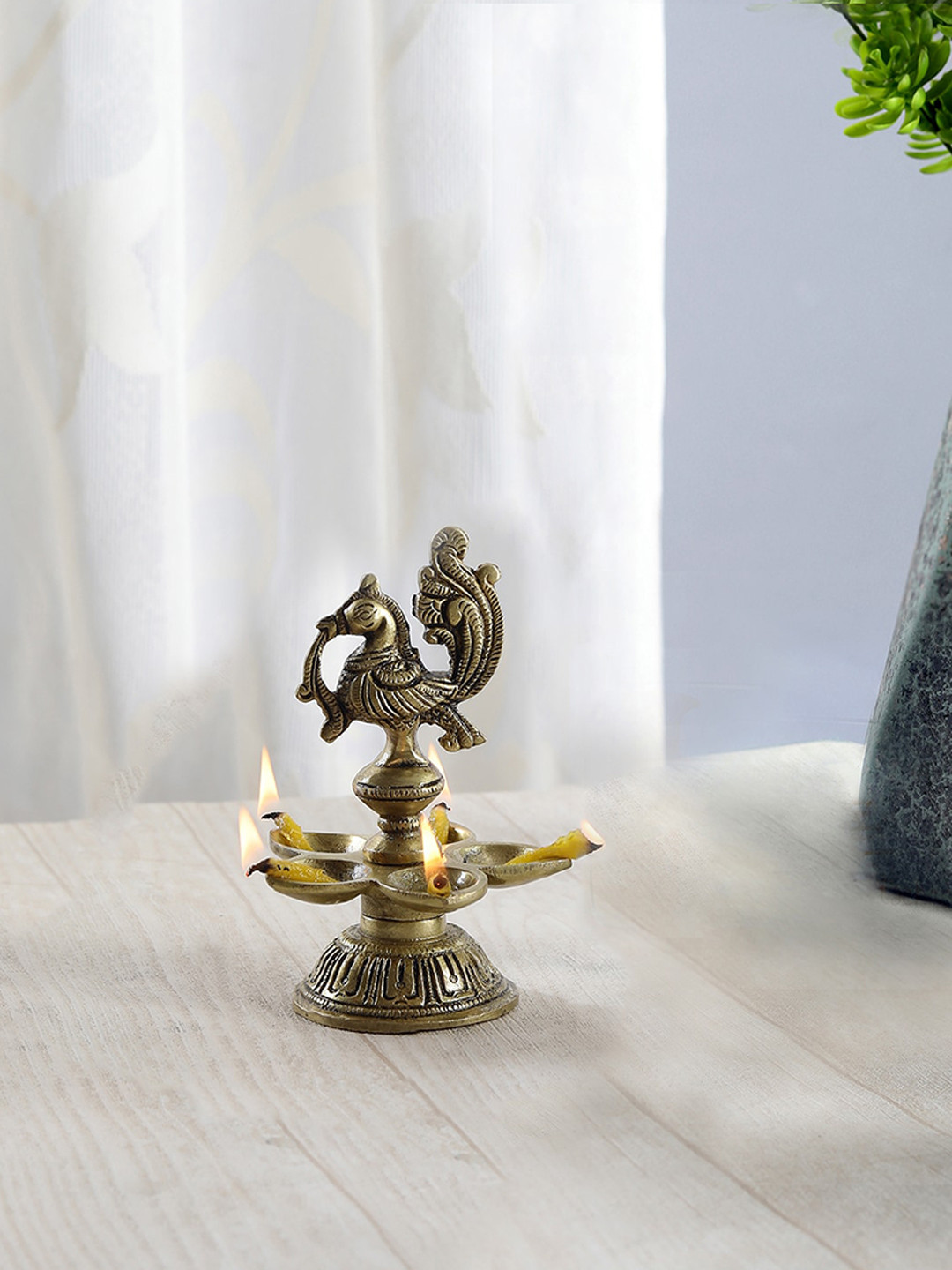 Two Moustaches Yellow Peacock Design 5 Oil Wick Brass Table Diya