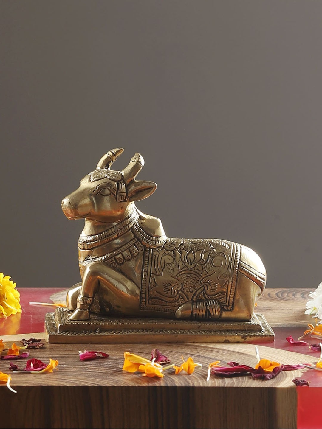 Two Moustaches Lotus Engraved Nandi Cow Gold Brass Metallic Prayer Room Small Showpiece - 4.4 Inches