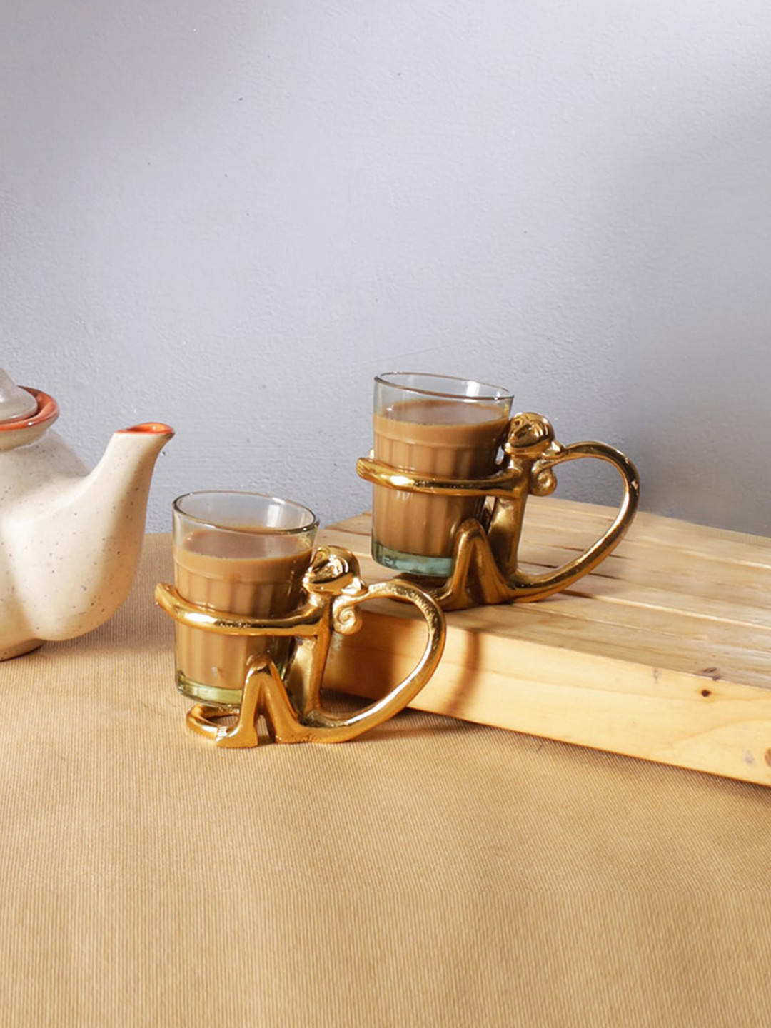 Two Moustaches Monkey Tea Cup Holder Pair Gold Brass Matte Dining Room Set of 2 Small Showpieces - 3 Inches